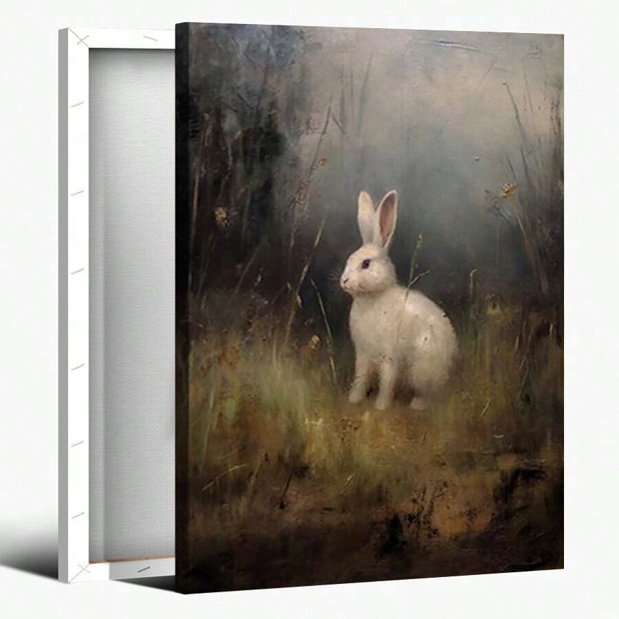2D Flat Printing, 1pc, Moody White Rabbit In Misty Grassland Framed Canvas Wall Art Print, Vintage Wall Art For Nursery, For Living Room, Bathroom Wall Art, Wall Art For Bedroom, Office, Home, Kitchen, Dorm, Nursery, Framed Canvas Print, Ready To Hang, Home Decor Gift Idea, Farmhouse, Scandinavian, Minimalist, Boho Aesthetic - As Shown In the Figure - View 1