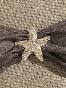 wohenmeili 2pcs Floral Patterned Sexy Bikini Set, Shiny Halter Neck Bikini With Backless Tie Thong Bottoms Featuring Starfish Design, Sexy Beach Style Swimwear Set For Women Vacation Summer - Dark Brown Silver - View 2