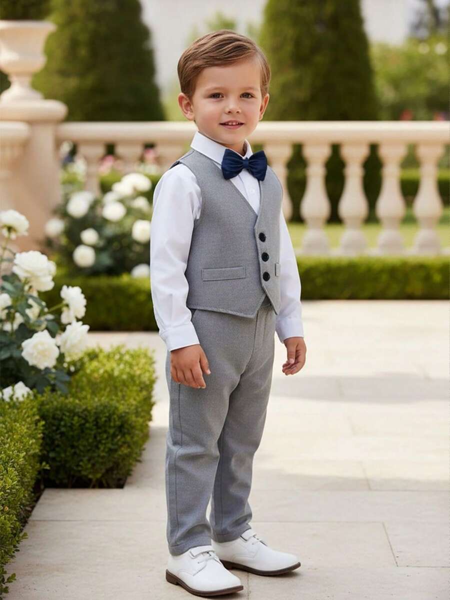 三件套男童绅士套装 - 白色衬衫配领结、灰色马甲和裤子，时尚休闲套装，适合生日派对、婚礼、庆典等场合。 - 灰色 - 查看 1