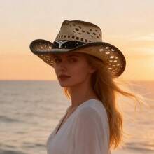 Women Men Cowgirl Hat, Roll-Up Wide Brim Straw Hat Summer Cap For Beach Vacation - Khaki - View 3