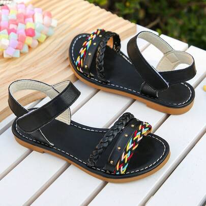 1 Pair Girls' Summer Flat Sandals, Fashionable Solid Color Hook & Loop Comfortable Casual Versatile Sandals, Suitable For Girls' Daily Wear, Beach, Open Toe Flat Sandals