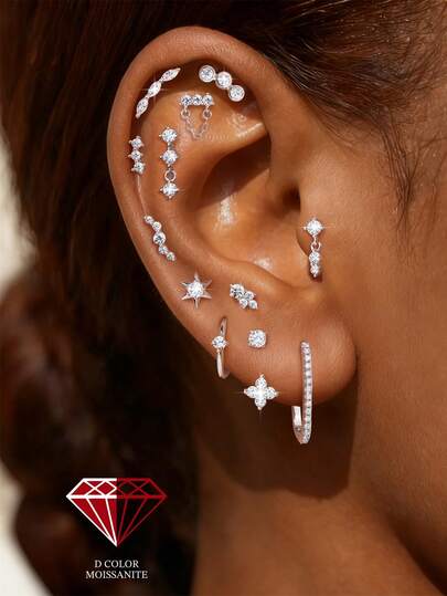 1件莫桑石耳钉，925纯银耳钉，男女通用，18K白金镀层平底耳钉，低过敏性，小巧耳骨耳廓穿孔饰品，适合斋月、情人节、周年纪念日、生日、母亲节等场合。