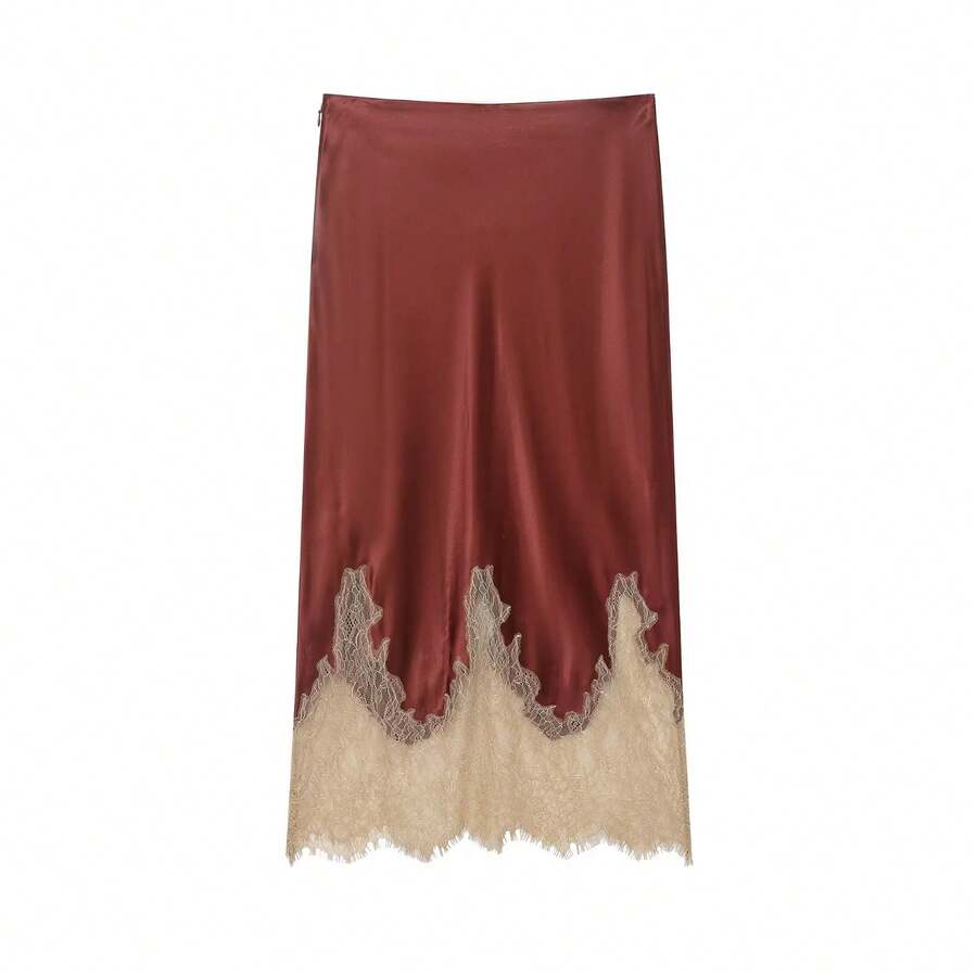 DEEKA 夏季新款女装时尚性感撞色蕾丝边缎面半身裙 - 暗紅色 - 查看 1