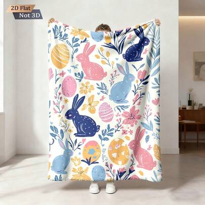1条彩色复活节兔子印花法兰绒毯，柔软舒适，适用于沙发、卧室、书房、宿舍、办公室床铺、露营等场合，用途广泛，是馈赠佳品，四季皆宜，男女皆宜，也是房间装饰的理想之选。