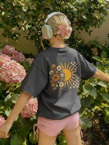 1pc Girls' Casual Sunflower Print Round Neck Short Sleeve T-Shirt, Summer Student Youth Clothing - Dark Grey - View 2