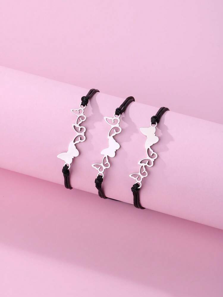 3pcs/Set Kids Butterfly Zinc Alloy Cute Black Braided Wax Rope Bracelet, Adjustable Size, Suitable As A Gift For Best Friend In Jewelry