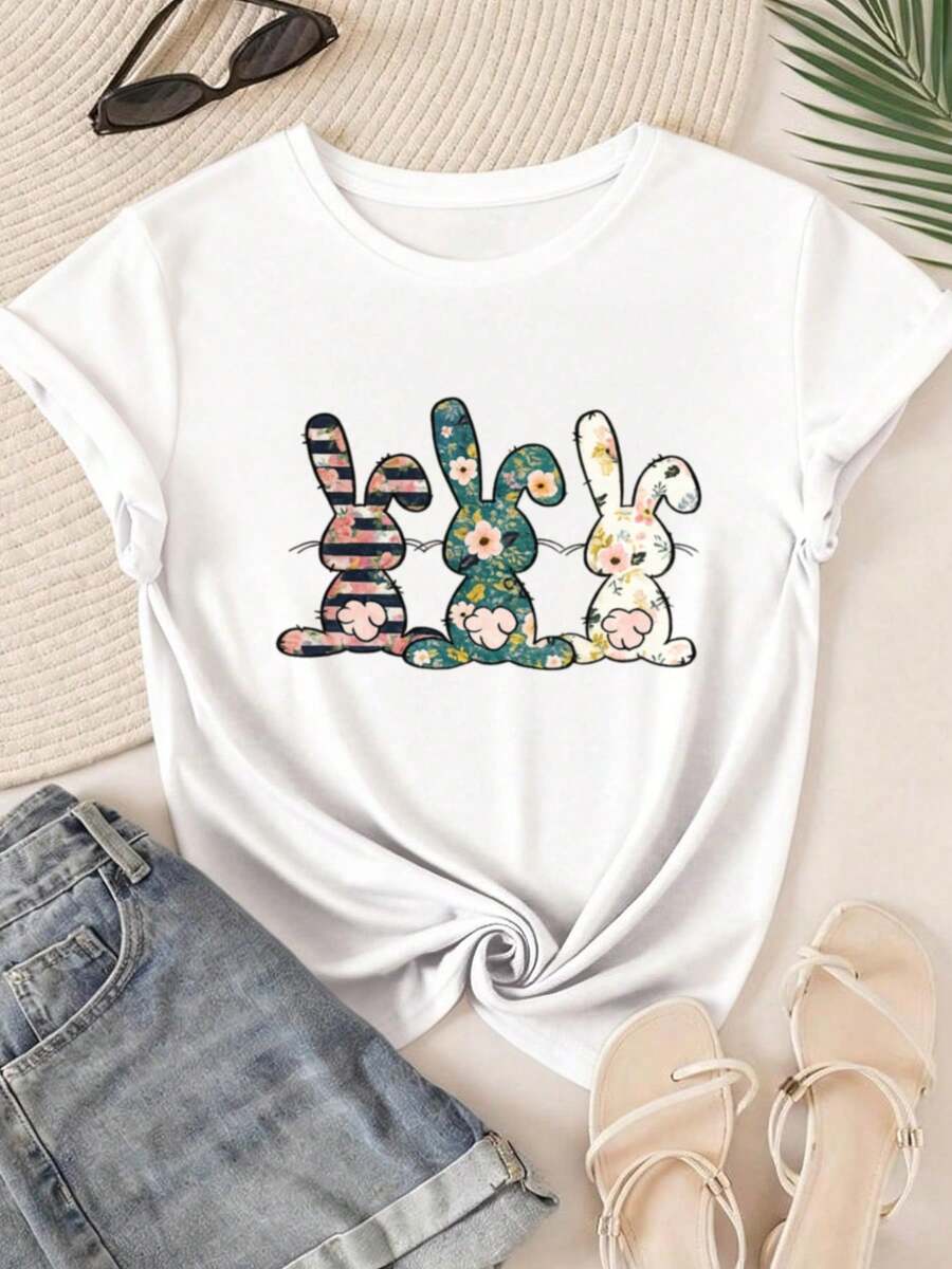 Lindo Pascua Conejo Camiseta Gráfica, Camisetas De Pascua Para Mujer, Cuello Redondo, Casual, Manga Impresa, Blusa Suelta Con Estampado De Conejo, Trajes Para Mujer - Blanco - Ver 1