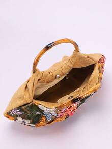 1 chiếc túi xách nữ kiểu dáng cổ điển, quai tre, đáy lưới bằng vải lanh, họa tiết hoa xếp ly và mây, chất liệu PVC nhiều màu sắc, thêu họa tiết mây, quai xách bằng tre, phong cách thời trang mùa hè nghỉ mát (Họa tiết hoa ngẫu nhiên) - trái cam - Xem 10