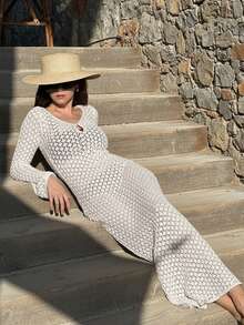 Women's New Crew Neck Long Sleeve Ribbed Cuffed Semi-Sheer Slim-Fit Pullover, Fashionable Casual Vacation Beach Party Knit Sweater Dress, Spring And Summer - White - View 4