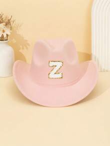 1pc Unisex Children's Letter Decor Pink Felt Brimmed Hat, 26 Letters Available, American Western Cowboy Style, Outdoor Casual Sun Hat For All Seasons, Suitable For Daily Wear, Parties, Outdoor Activities, Children's Gift - Pink - View 50
