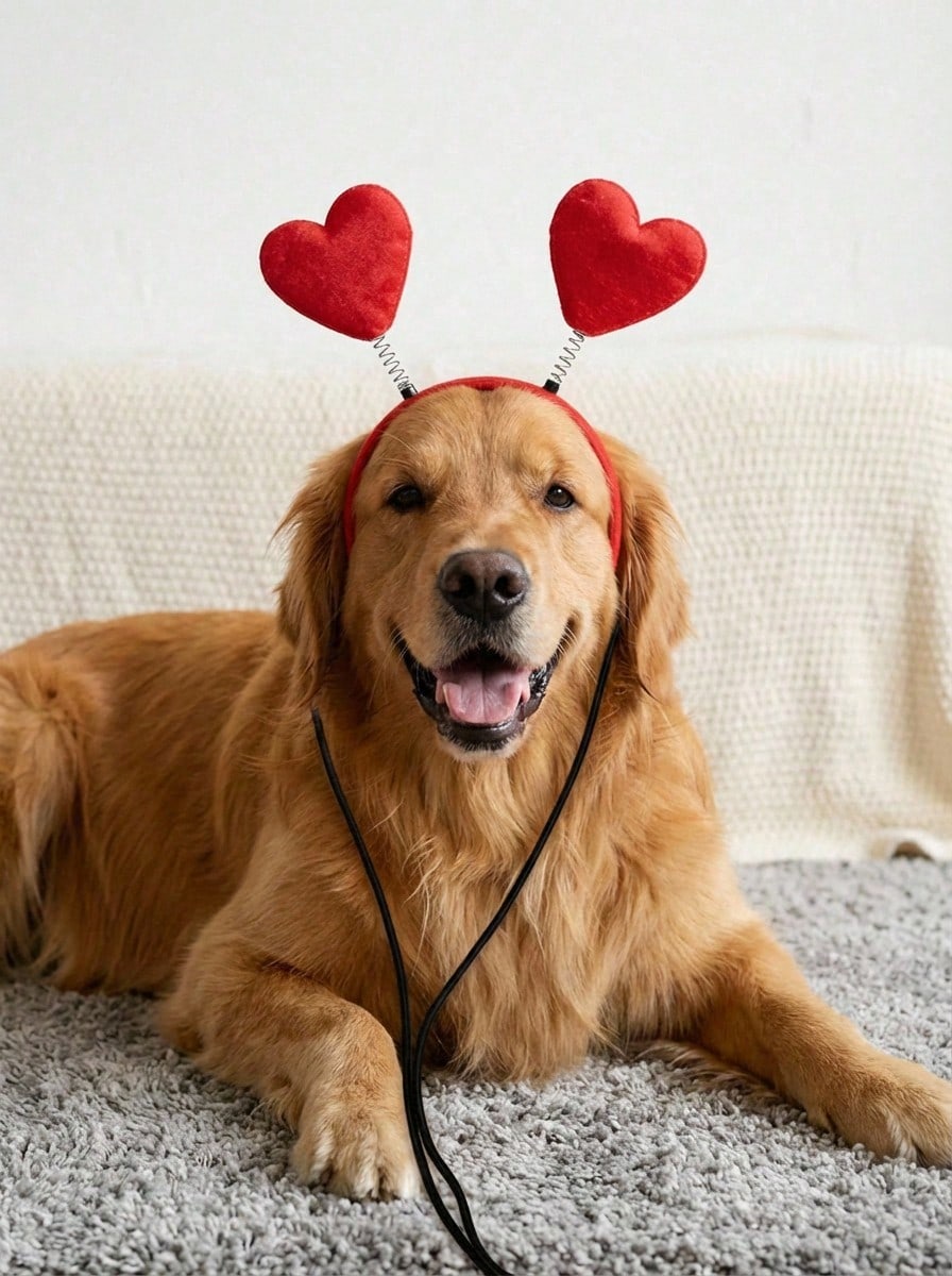 PETSIN 情人节天鹅绒填充心形发箍，可爱猫咪配饰心形头饰，宠物用品礼物 - 紅色 - 查看 1