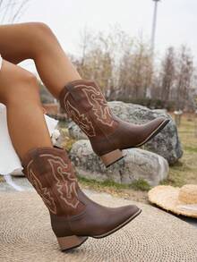 女士西部风格刺绣方头粗跟假日西部靴 - 棕色 - 查看 2