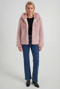 Naf Naf Short Powder Pink Faux Fur Jacket With Hood Manteaux En Fausse Fourrure Pink Faux Fur - Pink - View 3