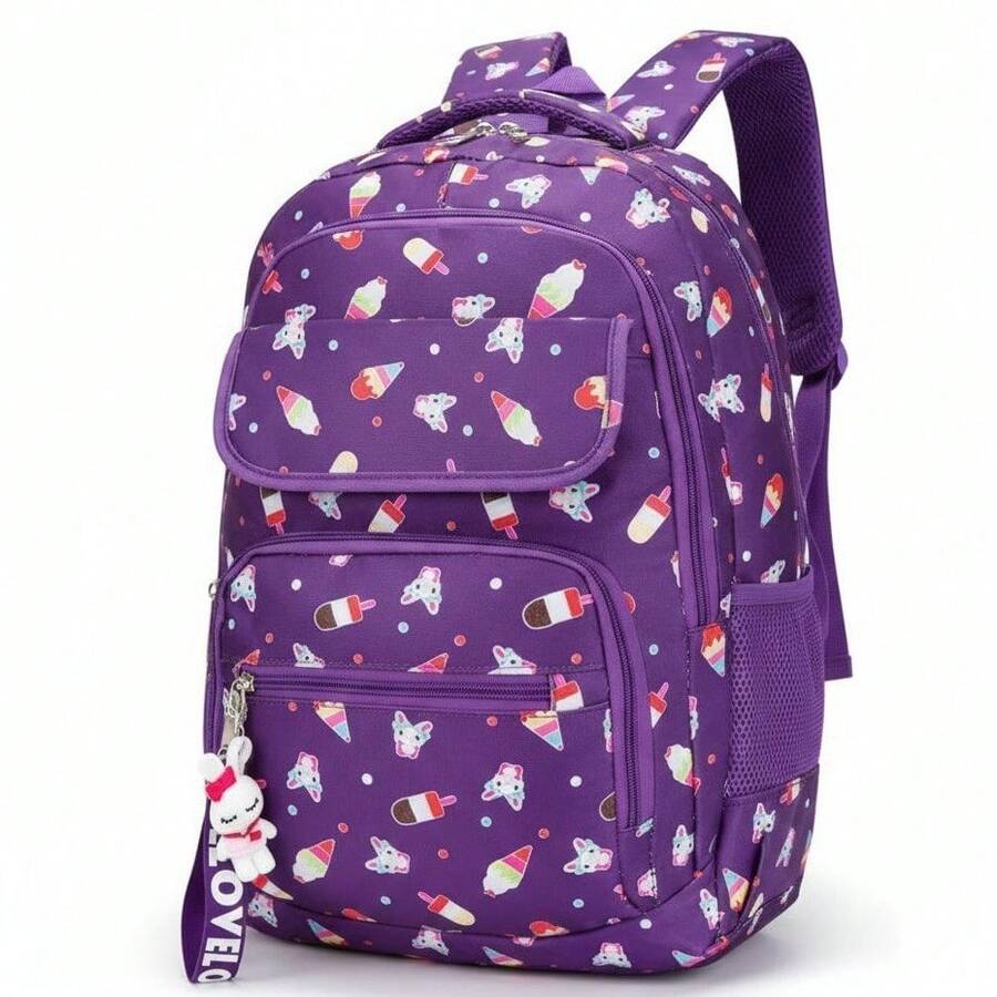 Girls' School Backpack, Reinforced Polyester Youth Bag - YT-1306 Purple With Details - View 1