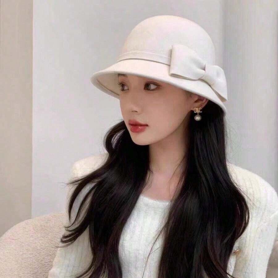 女士新款复古英伦风羊毛毡钟形帽，配优雅蝴蝶结，时尚日常佩戴 - 彩色 - 查看 1