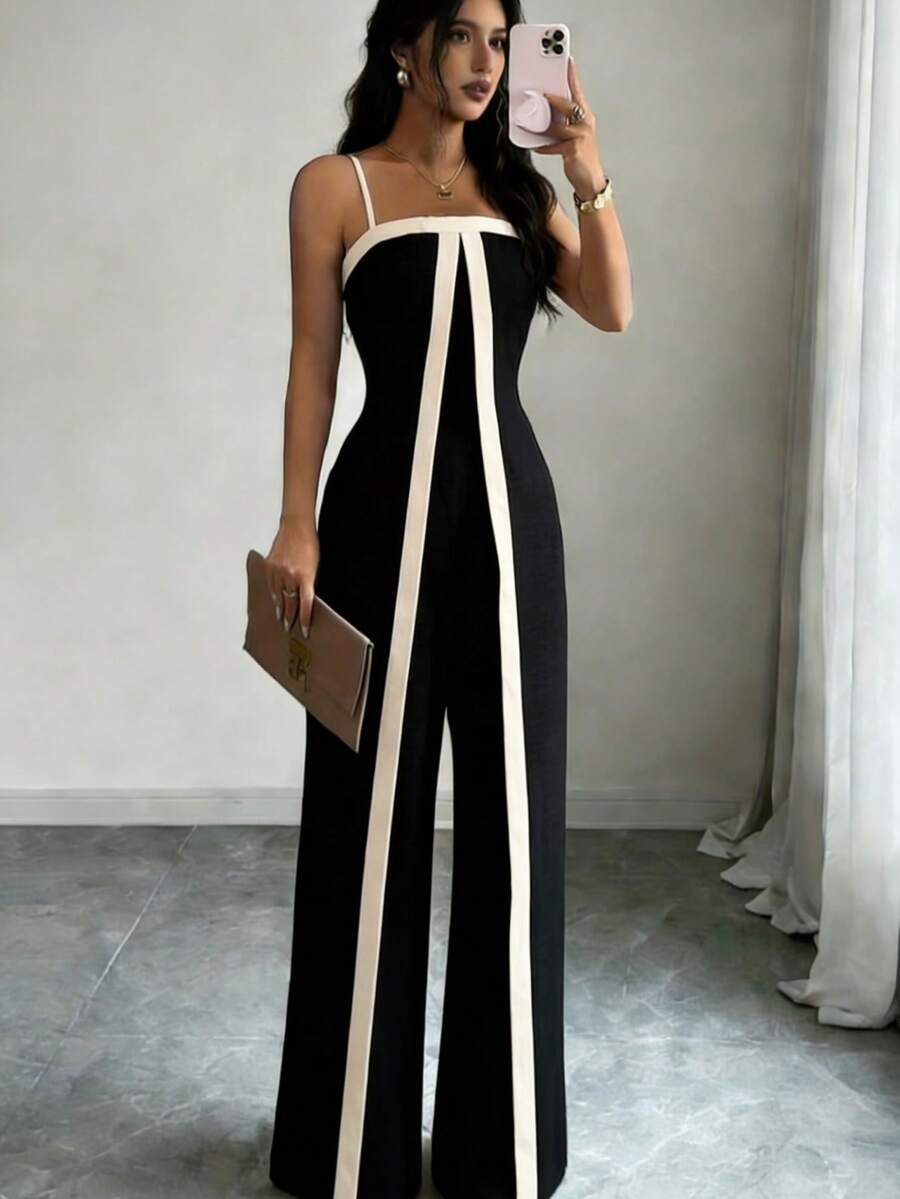 Women's Striped Jumpsuit, Elegant And High Quality, High Waist, Loose Fit, Stylish And Casual. H-14 - màu đen - Xem 1