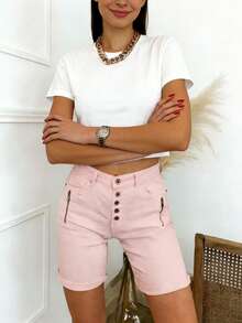 女士五分短褲色布工裝褲排紐口袋日常穿搭夏季 - 淺粉色 - 查看 2