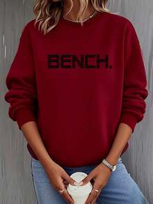Women's Y2K Style Burgundy Sweater With Bold White 'Bench' Letter Print - Long Sleeve Crew Neck Pullover Sweater With White Cuffs And Hem, Suitable For All Seasons Casual And Semi-Formal Wear, Layerable (Machine Washable) - Minimalist Aesthetic, Y2K Fashion Letter Print Sweater, Fashionable And Comfortable, Suitable For Layering Or Wearing Alone, Elegant Modern Design With 'Bench' Letter, High-Quality Women's Winter Sweater, Oversized Sweater, Women's Winter Sweatshirt, American Women's Sweater, Embroidered Sweatshirt 2025 - 酒紅色 - 查看 17