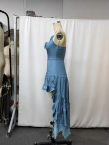 Women's Vintage Western Cowboy Style Denim Ruffle Hem Skirt, Sexy Deep-V Asymmetrical Midi Dress For Outdoor Photoshoots, Belt Not Included - 藍色(不含腰帶) - 查看 4