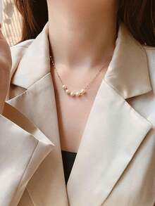 1 Set Stainless Steel Waterproof Non-Fading Fashionable Minimalist Smile Pearl Necklace & Earrings Suit, Suitable For Women's Daily Wear - Gold - View 3