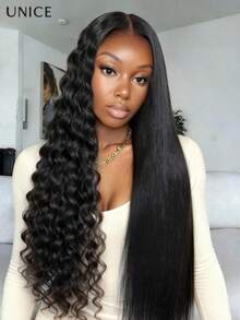 UNice 13x4 Pre-Everything™ Wet And Wavy 2-In-1 Straight To Water Wave Human Hair Wig With Invisi Drawstring Put On And Go Glueless Wig Pre Plucked Pre Cut Bleached Knots Lace Front Wig No Glue Needed Ready To Go Human Hair Wig 150% Density - SNatural - 查看 1