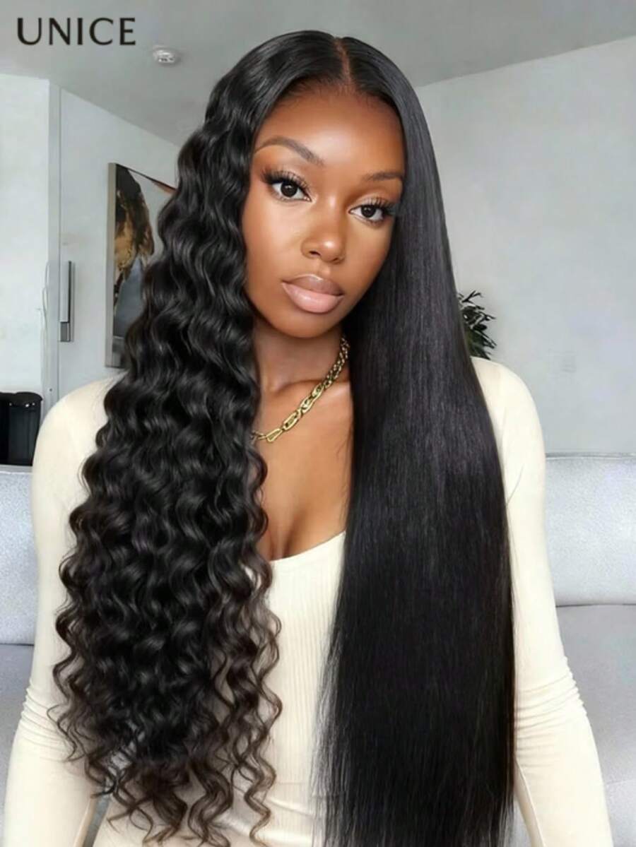 UNice 13x4 Pre-Everything™ Wet And Wavy 2-In-1 Straight To Water Wave Human Hair Wig With Invisi Drawstring Put On And Go Glueless Wig Pre Plucked Pre Cut Bleached Knots Lace Front Wig No Glue Needed Ready To Go Human Hair Wig 150% Density - SNatural - 查看 1