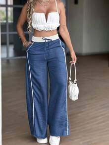 Pantalones de pierna ancha de cintura alta de color gris verdoso claro estilo Y2K, pantalones casuales sueltos con cordón, estilo europeo y americano, pantalones rectos versátiles y estilizadores para primavera/verano - Azul Marino - Ver 4