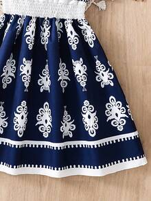 1pc Young Girl Vintage Style Dress, Summer Dress, Young Girl Navy Blue Floral Retro Print Short Sleeve A-Line Dress, Essential For Young Girl Vacation & Outdoor, Suitable For 4-8 Years Old, Casual, Party, Holiday Gift, Birthday Gift - Navy Blue - View 4
