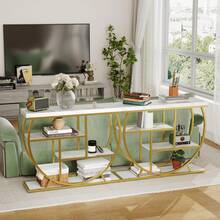 Mesa de entrada con espacio de almacenamiento, consola estrecha industrial de 4 niveles detrás del sofá con base semicircular y estantes para sala de estar, pasillo y recibidor - Oro y blanco - Ver 7