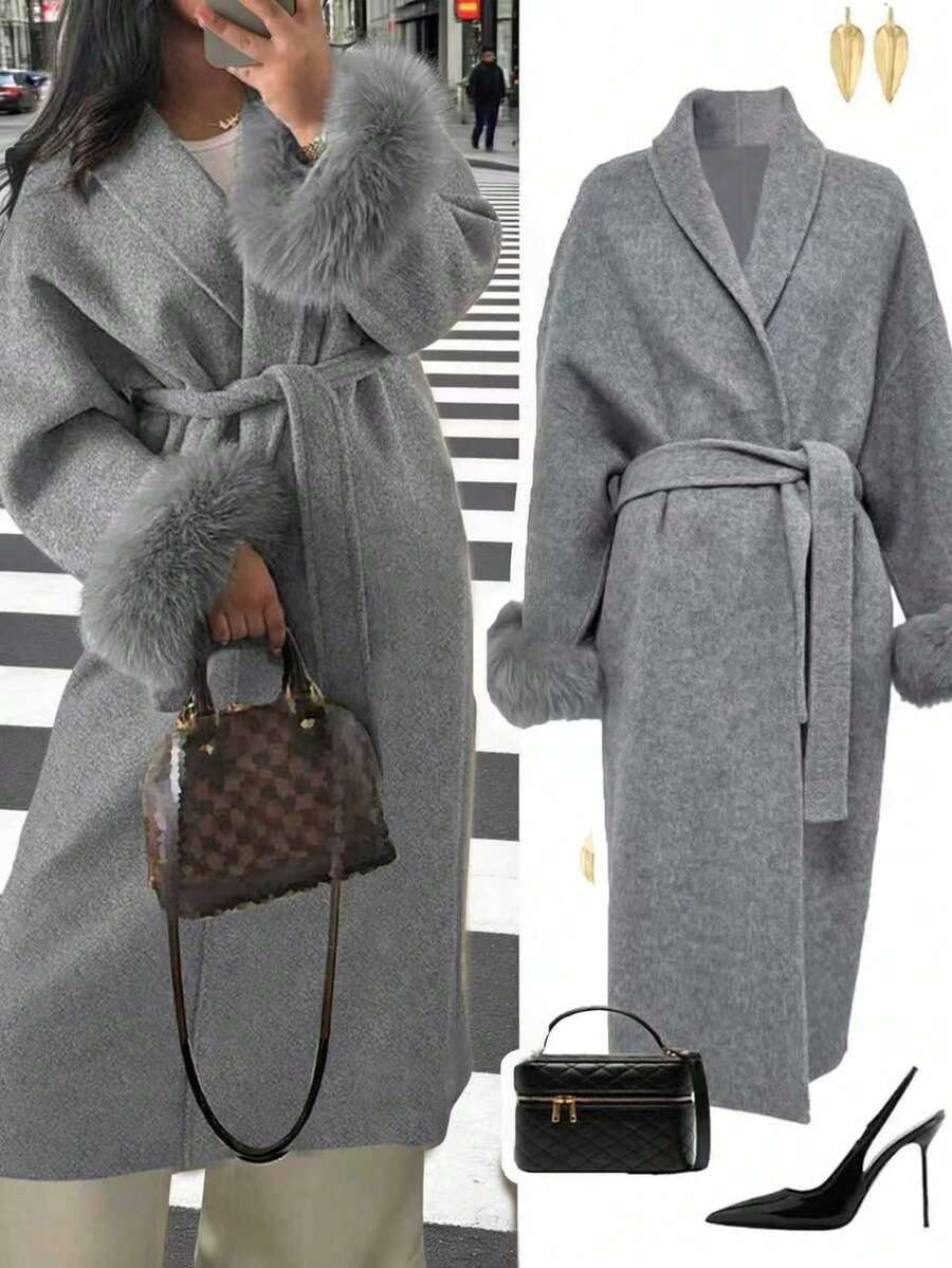 女士新款优雅系带仿毛皮袖外套,高端系带长款大衣,修身显瘦,和服式设计,秋冬款 - 灰色 - 查看 1