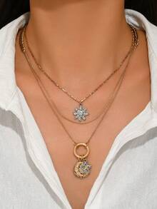 1 Set de Collar Multicapa Estilo Retro Punk con Colgante de Estrella y Luna, Adecuado para Uso Diario, Ir al Trabajo, Cadena de Suéter de Mujer - Multicolor - Ver 3