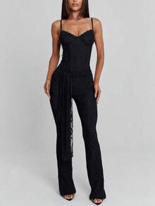 Sexy & Fashionable Versatile Hollow Lace & Ribbon Design Adjustable Strap Jumpsuit, Suitable For Spring/Summer Vacation Wear - Black - View 1
