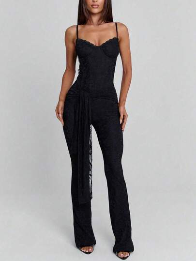 性感时尚百搭露背蕾丝拼接缎带设计可调节肩带女士连体裤，春夏新款