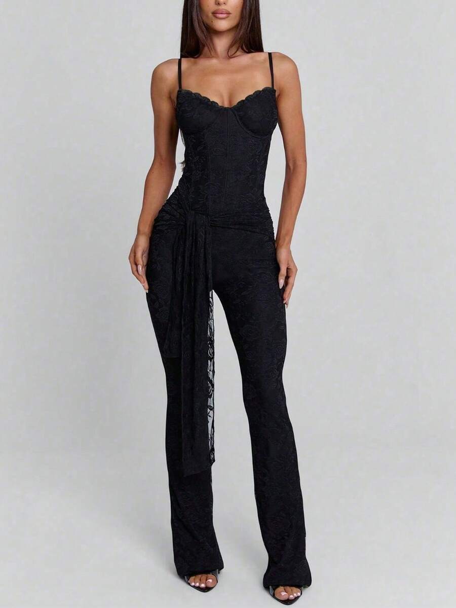 Sexy & Fashionable Versatile Hollow Lace & Ribbon Design Adjustable Strap Jumpsuit, Suitable For Spring/Summer Vacation Wear - Black - View 1