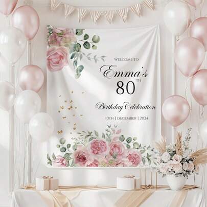 Personalized Pink And Green Floral Birthday Tapestry, Party Backdrop, Custom Banner, Birthday Sign, Birthday Photo Prop