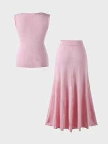 2 Pieces Elegant Minimalist Casual Dress Set, Suitable For Daily Commute, Dating, And Vacation - Pink - View 7