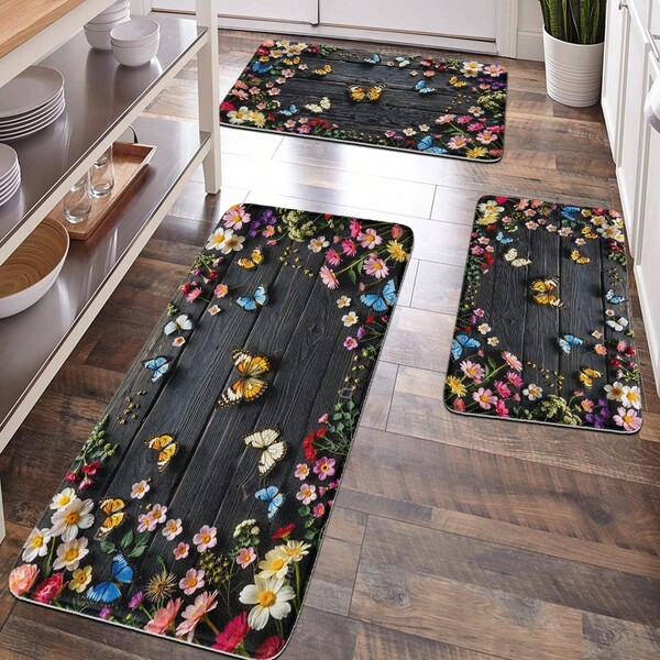 1pc Floral & Butterfly Pattern Floor Mat, Soft Plush Surface, Anti-Fatigue Mat, Modern Decor For Home, Bathroom, Kitchen, Entryway, Relaxing Foot Relief