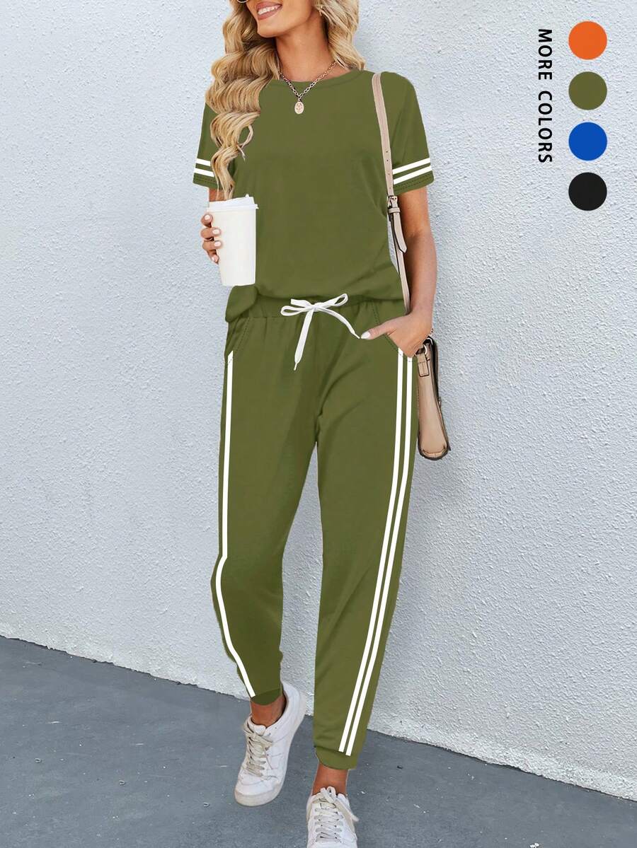 Women's Sleeveless Striped Short Sleeve Top With Pockets And Side Striped Sweatpants, Casual Sports Suit For Summer Elegant - Army Green - View 1