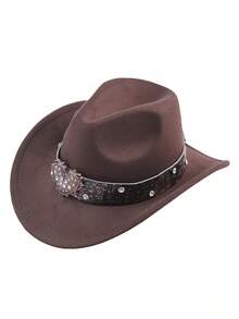 1pc Metal Heart With Rhinestone Felt Hat Casual Top Hat, Elegant And Suitable For Travel, Parties, Western Cowboy Themed Parties, And Daily Use Halloween Valentine's Day Valentines - Multicolor - View 3