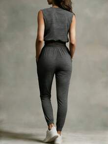 Women's Casual 2-Piece Set, Minimalist Solid Color Sleeveless Top + Drawstring Pants, Lightweight Sporty Fashion Outfit For Daily Wear, Spring/Summer - Dark Grey - View 4