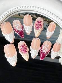 手工3D立体花卉美甲，精致法式花卉美甲杏仁形中长假指甲，适合日常佩戴的手工按压式美甲 - 中紫紅色 - 查看 3