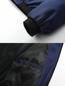 Men's Stand Collar Zip-Up Baseball Jacket, Bomber Jacket - Navy Blue - View 6