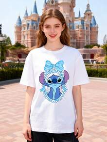 Disney Women's T-Shirt Featuring A Creative Double-Sided Print Of Stitch's Letters Against A Disney Castle Backdrop. Crafted From Soft, Comfortable, And Durable 100% Cotton Fabric. This Spring/Summer Women's Crew Neck T-Shirt Is Perfect For Everyday Wear, Shopping, Parties, Travel, Gatherings, And Makes An Excellent Gift. - Blanc - Voir 2