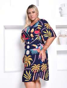 Women's Plus Size Printed Midi Short Dress - Azul marino EST - Ver 3