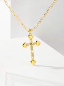 1pc Classic European Style Copper Inlaid Zirconia Heart Jesus Cross Pendant Necklace, Limited Edition "Light Of Protection", Suitable For Christmas, Thanksgiving, Halloween, Mother's Day, Valentine's Day, Gifts For Couples, Friends, Believers, First Holy Communion, Daily Wear And Prayer - Yellow Gold - View 3