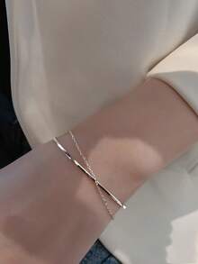 1件优雅女士几何双层手链，简约ins风设计，时尚简约，适合日常佩戴，情人节礼物 - 銀色 - 查看 5