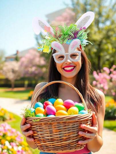 2件套复活节派对装饰兔耳朵套装，包含兔耳朵头箍、派对眼镜、拍照道具、节日服装配饰、派对礼品，适合节日派对、主题活动、家庭聚会、复活节兔子装饰