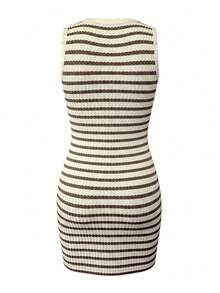 LovelyWholesale Women'S Elegant Round Neck Striped Patchwork Bodycon Mini Summer Dress For Women - Apricot - View 9