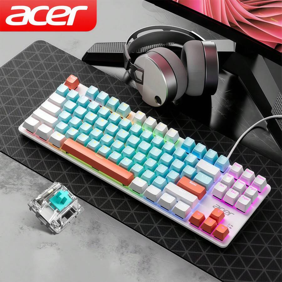 Acer OKW132 Split Mechanical Keyboard, Smart Multi-Device Switching, 87-Key Compact Design, N-Key Conflict-Free, Long Battery Life, Splash-Resistant, Medical-Grade Silicone Keycaps, Efficient Workplace, Blue And White - Blue and White - View 1