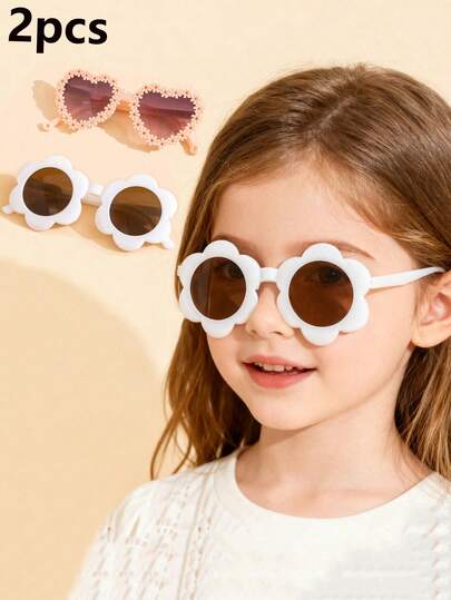 2 Pairs - New Kids White Flower Glasses, Colorful Heart Frame Daisy Glasses, Cute Eyewear Set For Baby Boys And Girls
